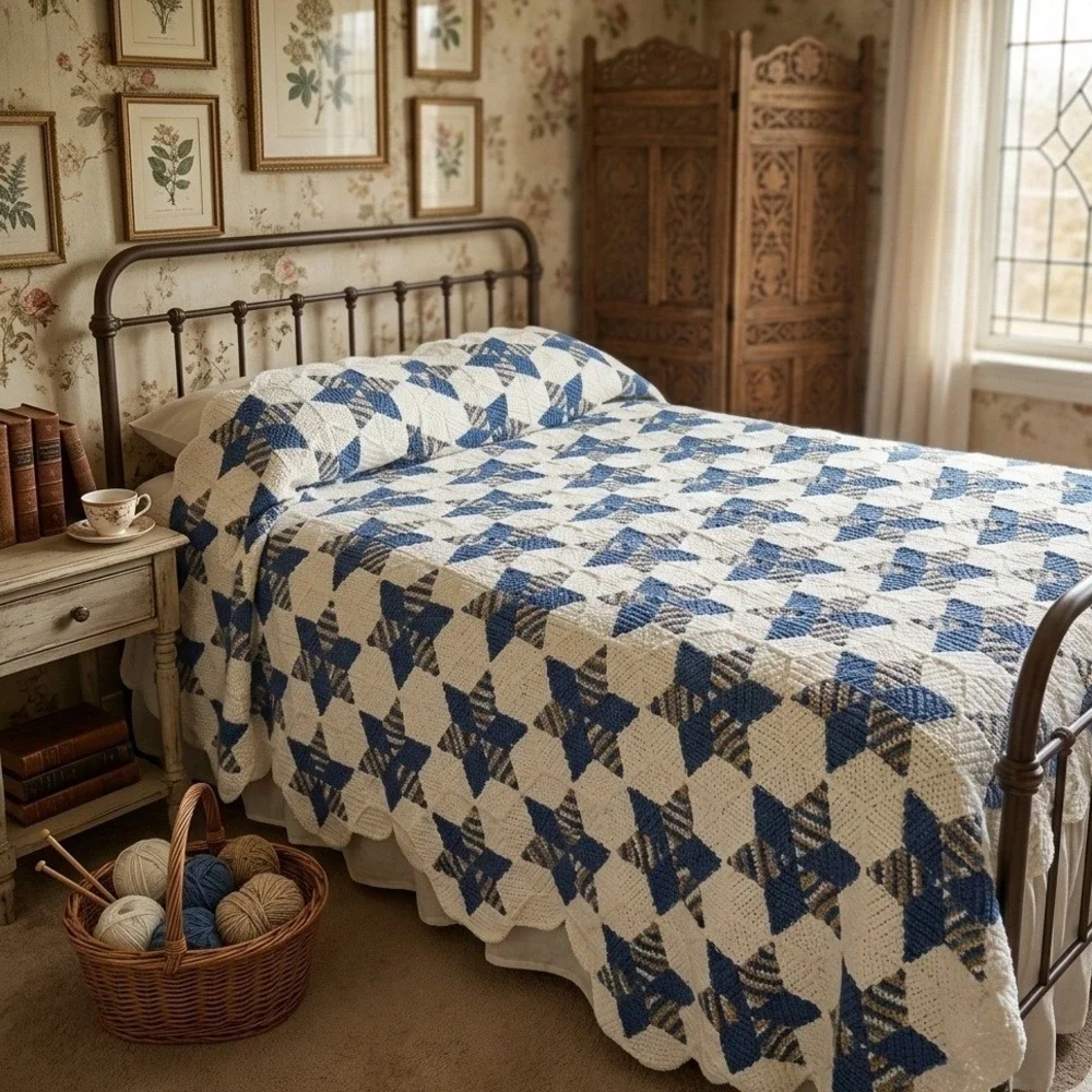 Vintage Crochet Star Afghan Blanket Blue Cream‎ Cottagecore Americana Scalloped